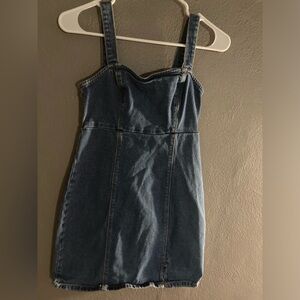 jean dress, adjustable button straps, never won,